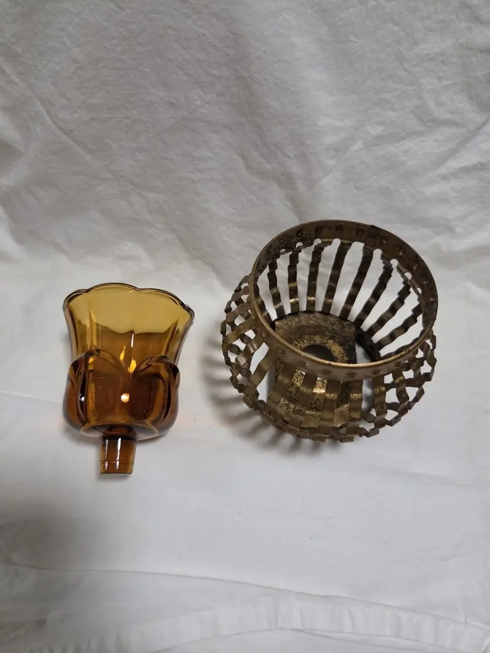 Vintage ~ Homco ~ Gold Tone Candle Holder ~ 5x4 inches With Amber Glass Votive